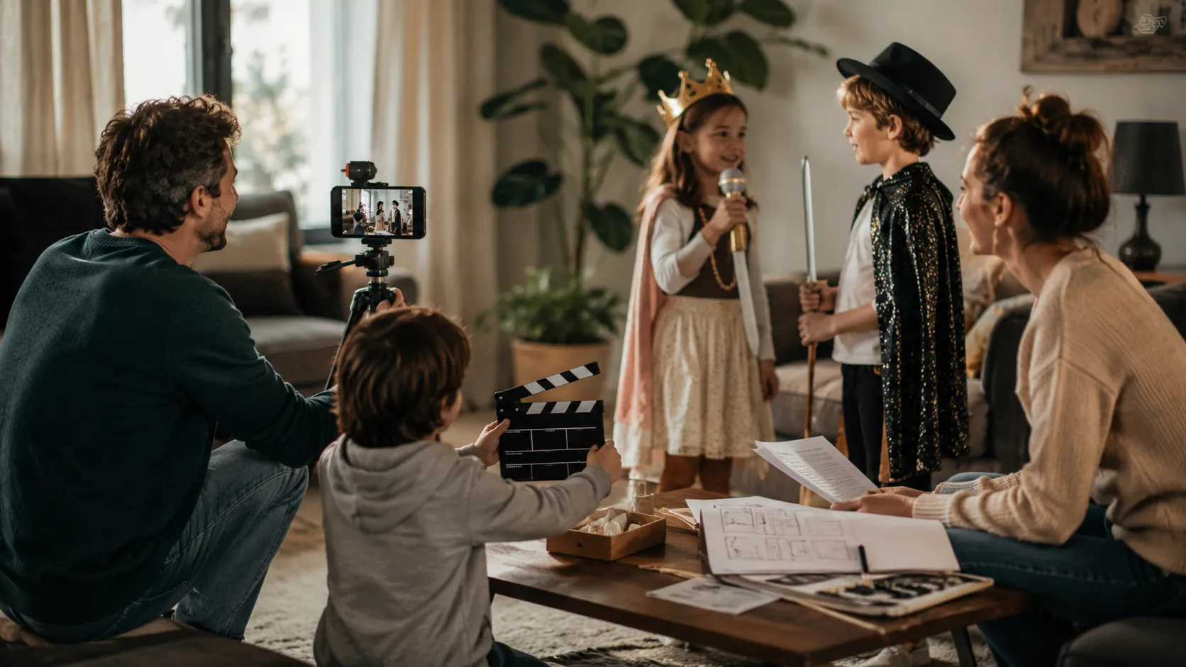Family filming a DIY movie at home with kids acting, a phone on a tripod, simple costumes, and a homemade storyboard.