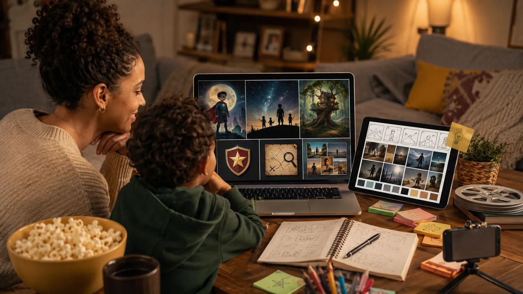 Parent and child planning a DIY family film with AI-generated posters, title cards, story moodboards, and creative filmmaking props at home.