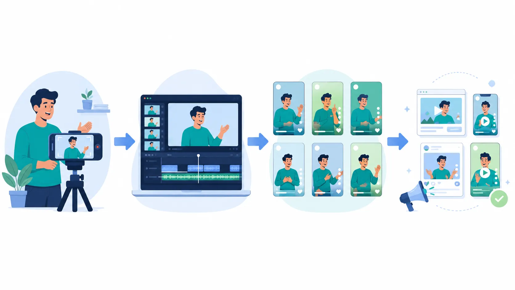 Minimal illustration of one video recording being edited into multiple short clips for social media.