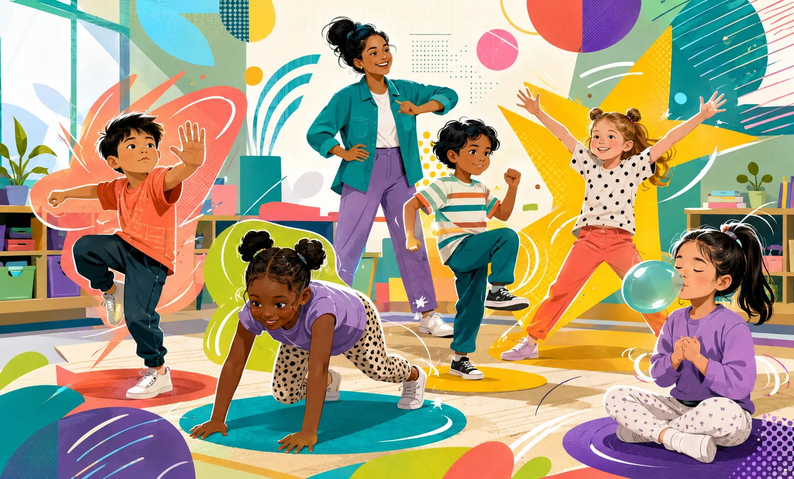 A teacher uses Visiva AI to create brain break cards, movement posters, calm-down visuals, and transition routine slides for first graders.