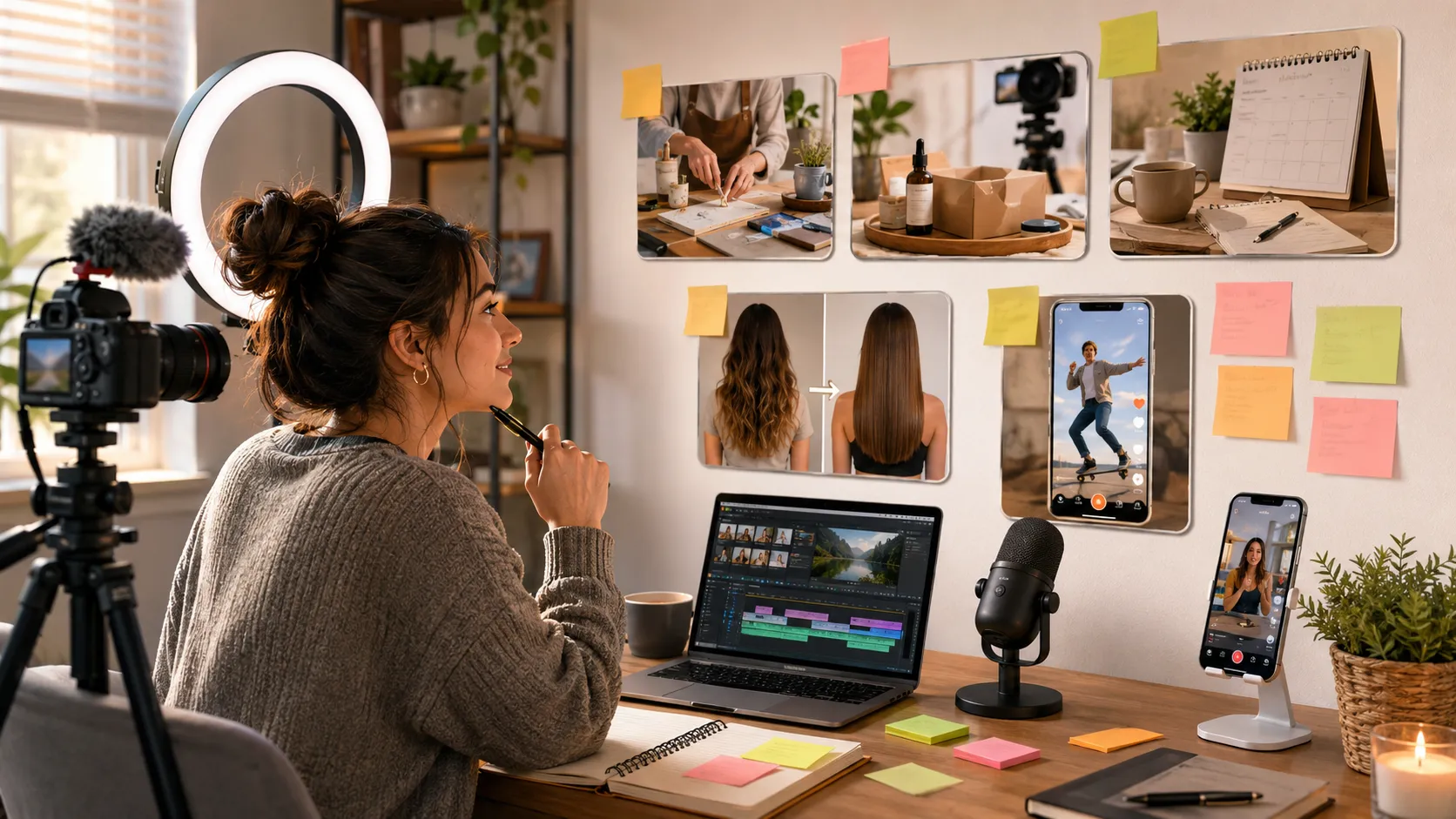 Creator planning YouTube video ideas at a desk workspace