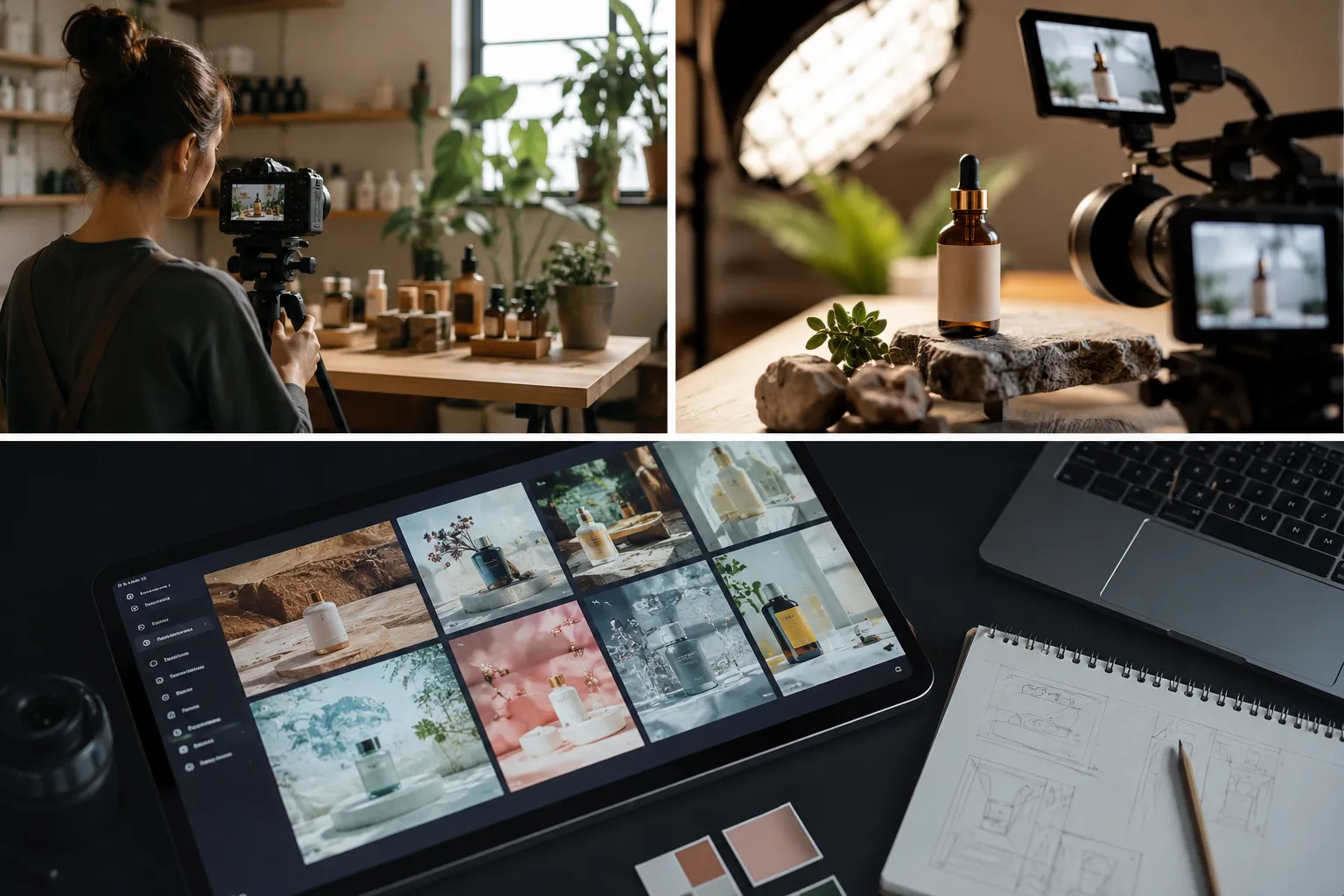 Collage of small business product video production, ad-style product filming, and polished campaign visuals for marketing content.