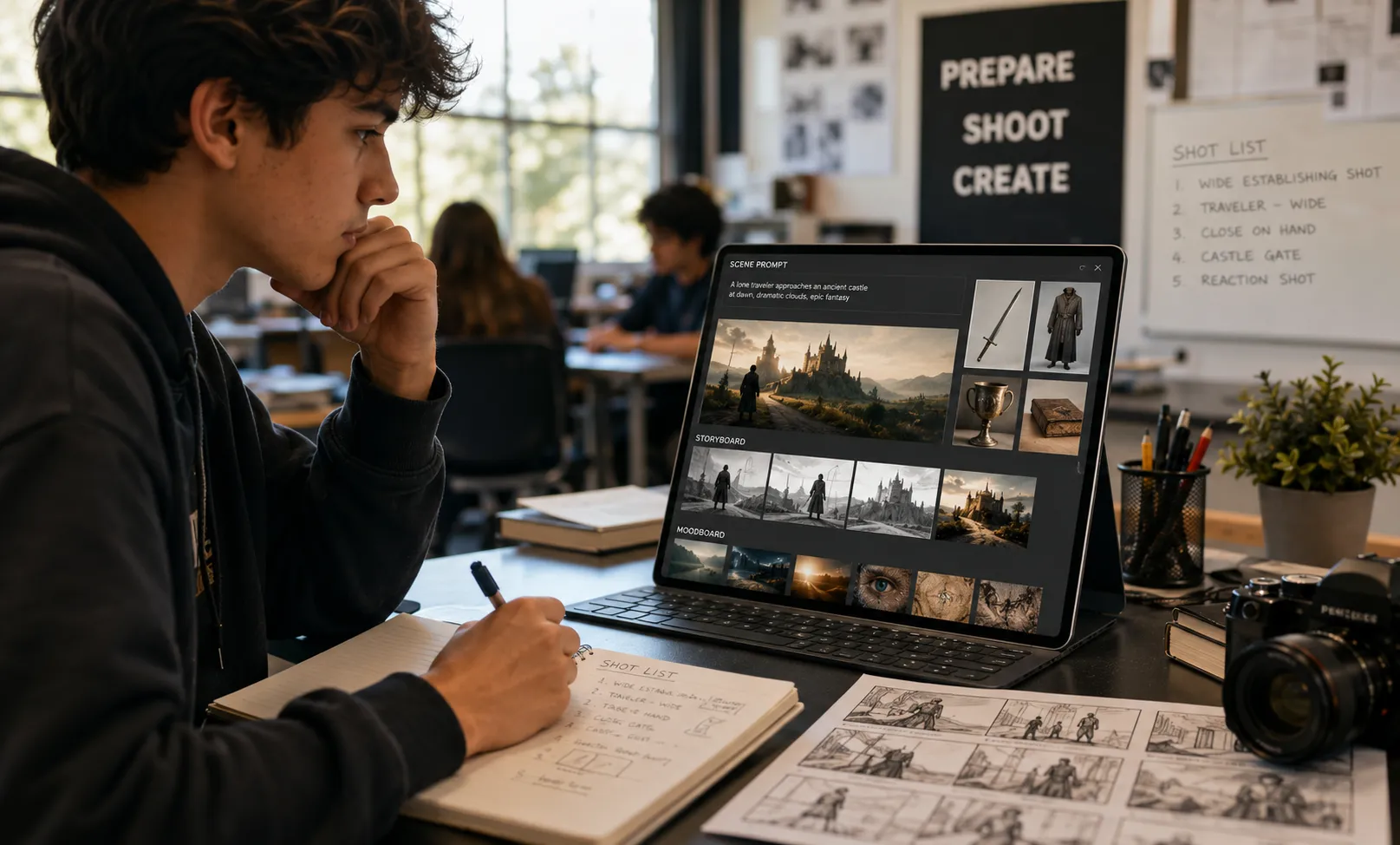High school student using AI to create storyboards, moodboards, and shot lists for a short film project