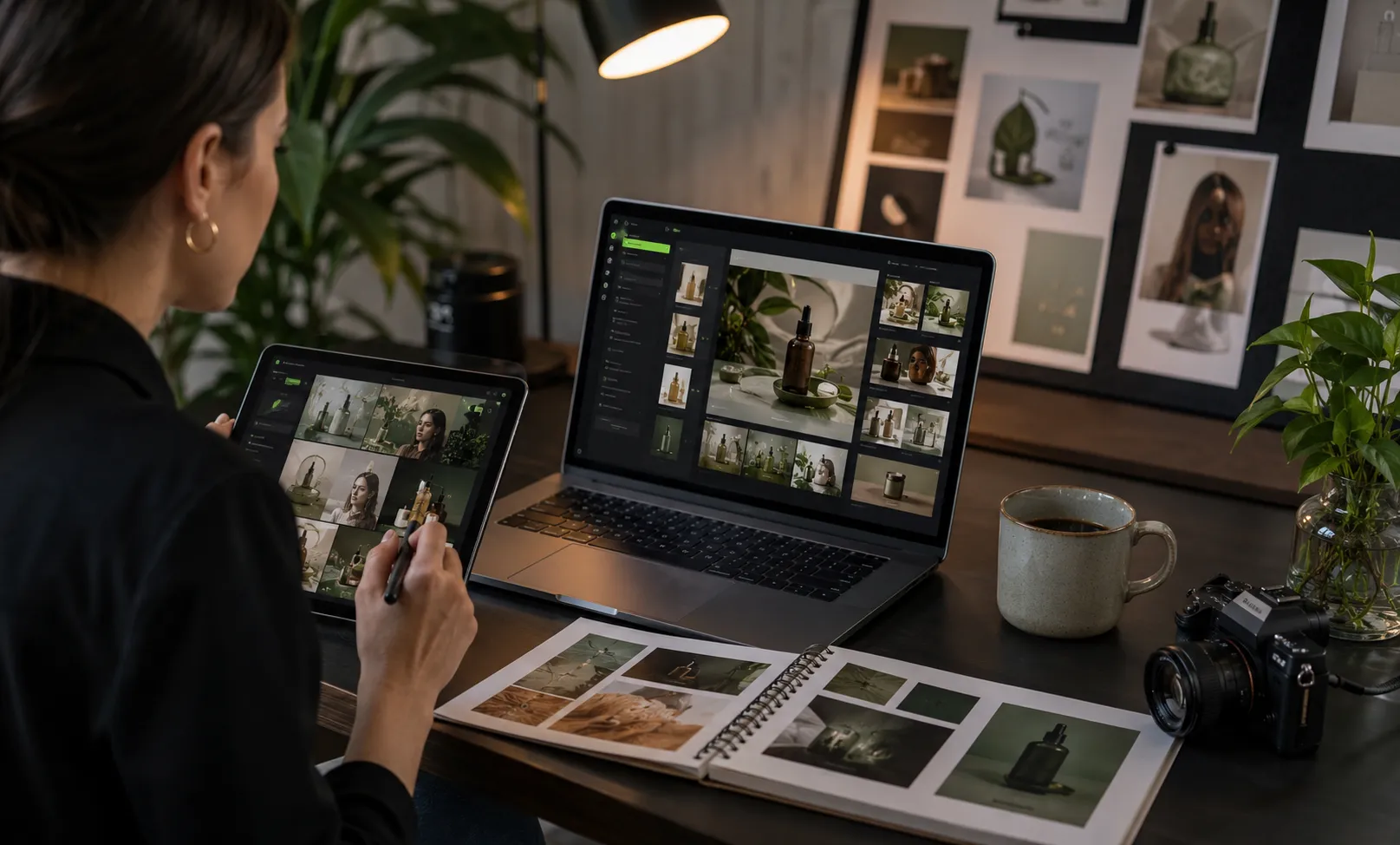 Creative professional planning small business marketing visuals with product mockups, moodboards, and campaign concepts on a laptop.