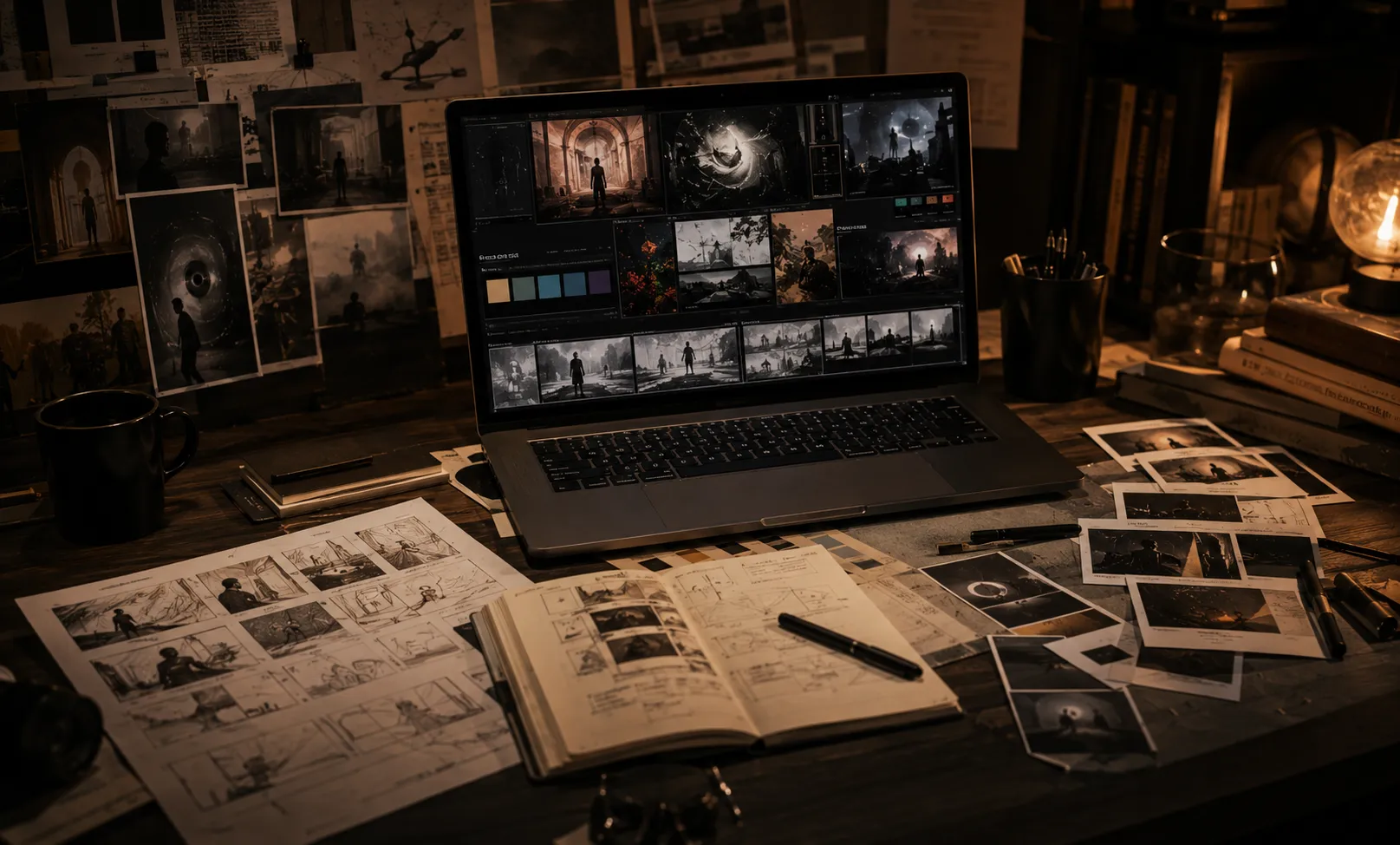 Premium video essay mood board setup with thumbnail concepts, chapter card layouts, storyboard frames, and visual references on a laptop