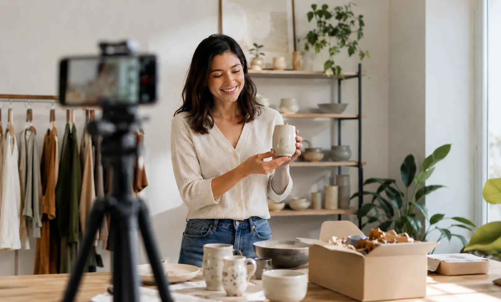 Small business owner filming a product demo in a bright studio, showing handmade products for video marketing.