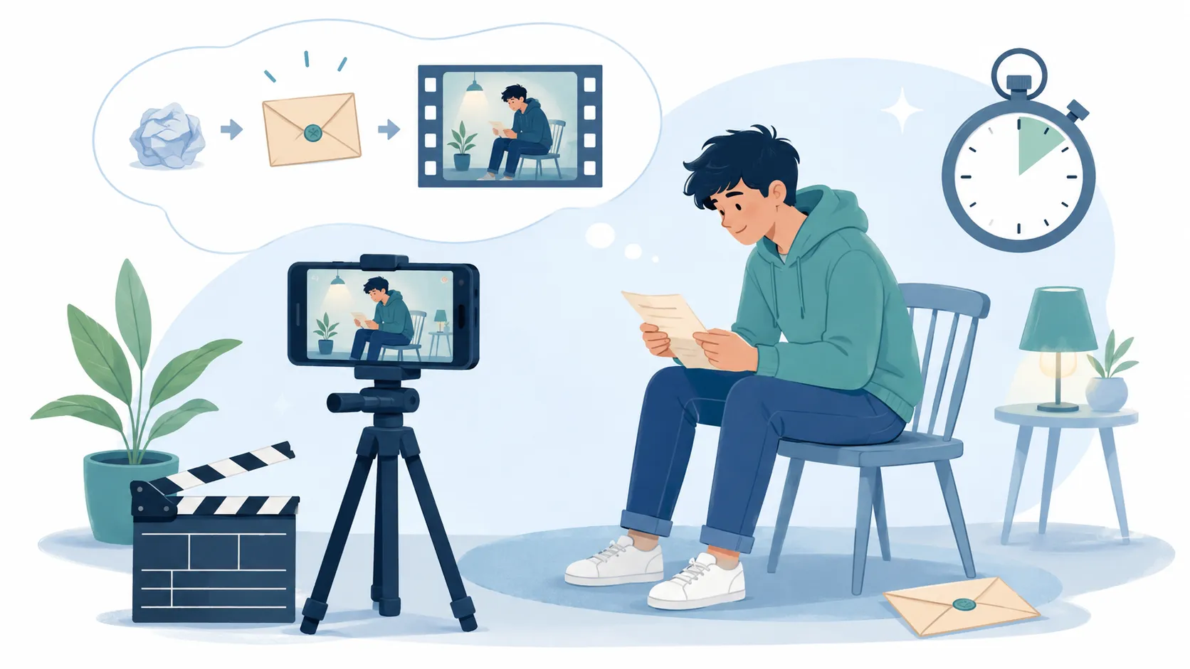 A simple visual workflow showing a short film being filmed, edited, arranged into scenes, and finished as a final video.