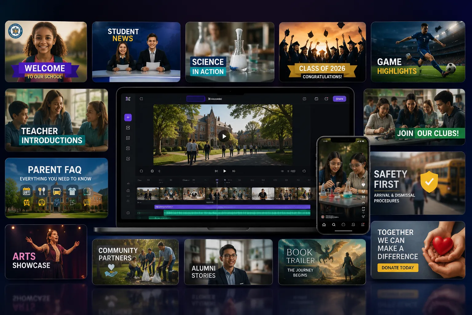AI-generated school video content examples for student news, events, safety videos, and classroom projects